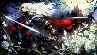 Woman black red outfit sword - a sword in a forest free wallpaper