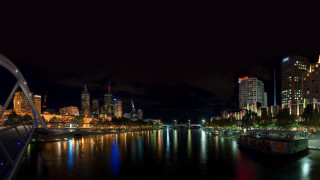 Boat docked river city night - anson maddock free wallpaper for desktop