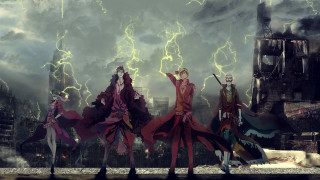 Group city lightning man red - the sky behind them free wallpaper