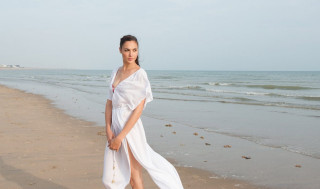 Woman white dress beach ocean 2 - contemporary free wallpaper
