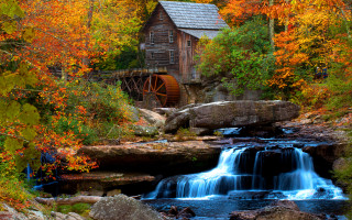 Waterfall wooden mill fall foliage - fall foliage free wallpaper