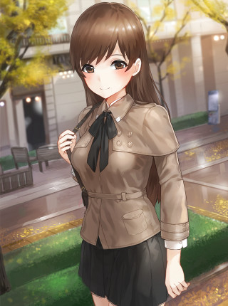 Woman brown jacket black skirt - a building free wallpaper for mobile