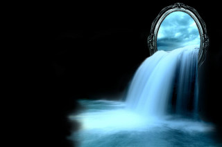 Waterfall mirror reflection sky clouds - dreamlike free wallpaper for desktop