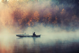 Man boat lake fog trees - the boat free wallpaper