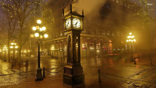 Clock tower city street night 2 - mist free wallpaper