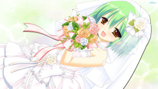 Woman green hair bouquet hugging - a detailed drawing free wallpaper