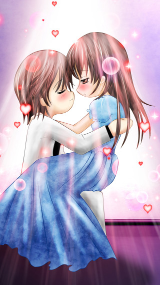 Anime couple hugging purple hearts - romanticism free wallpaper for mobile