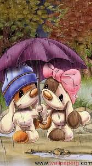 Teddy bears umbrella rain painting - free love wallpaper for mobile