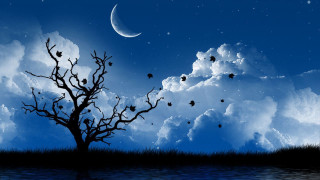Leafless tree crescent moon clouds - dreamlike free wallpaper