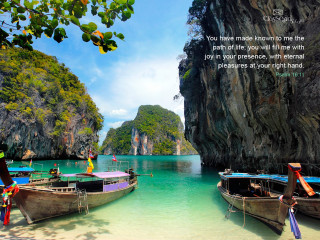 Boats water rocks plants cliff - scenery free wallpaper