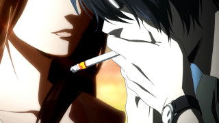 Woman smoking cigarette man long - his mouth free wallpaper