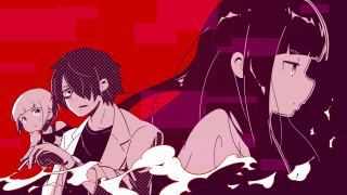 Anime couple sitting red background 2 - a screenprint free wallpaper for desktop