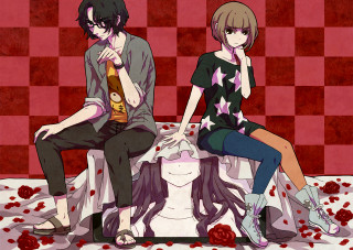 Anime characters sitting table wine - mosaic free wallpaper