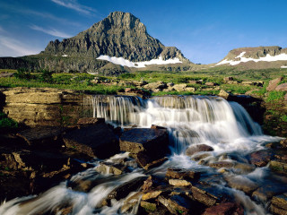 Waterfall mountain blue sky clouds - a few snow free wallpaper