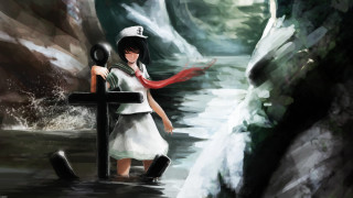 Girl white dress hat stream - a red scarf free wallpaper