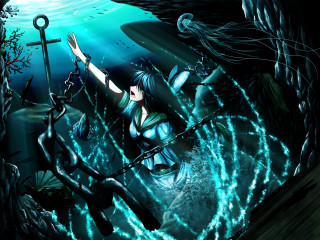 Woman blue dress sword cave - a skeleton free wallpaper
