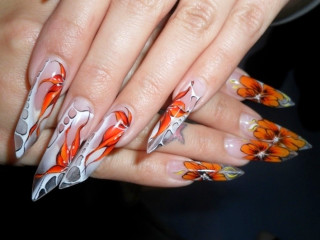 Woman orange white nails flowers - airbrush free wallpaper