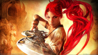 Woman red hair sword demon - her hand and a demon in the background free wallpaper