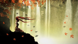 Woman red hair cliff forest - long red hair free wallpaper