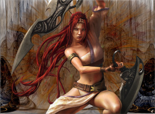 Woman red hair sword holding 2 - magic free wallpaper for desktop