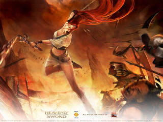 Woman white shirt shorts sword - her hand and a demon in the background free wallpaper