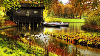 Boat docked cabin water park 2 - tree and grass free wallpaper for desktop
