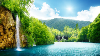 Waterfall lake trees mountains blue 4 - dosso dossi free wallpaper