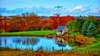 Small house lake forest autumn - a small house free wallpaper