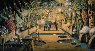 Man playing piano forest waterfall - ghibli free wallpaper