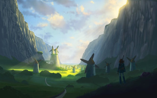 People field windmills mountain painting - 2 d game art free wallpaper for desktop