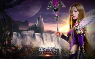 Woman holding staff waterfall dragon - chen chun free wallpaper