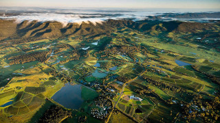 Green field mountains water view - heidelberg school free wallpaper
