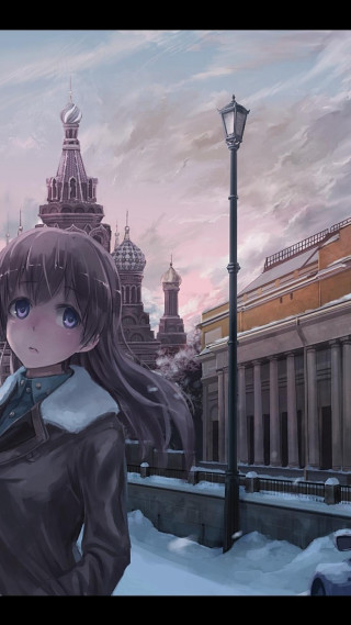 Girl black dress snow building - a clock tower in the background free wallpaper