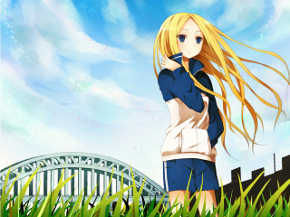Girl long hair grass bridge - anime art style free wallpaper for desktop
