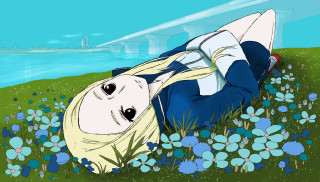 Woman laying field flowers grass - anime art style free wallpaper for desktop