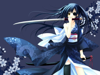 Woman blue dress sword flower - background behind her free wallpaper