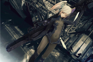 Woman futuristic outfit sword cityscape - a futuristic outfit holding free wallpaper