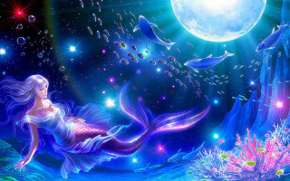 Mermaid swimming ocean full moon - a full moon in the background free wallpaper for desktop