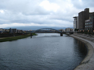 River bridge buildings people walking - shin hanga free wallpaper