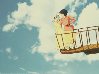 Man woman bridge sky background - ghibli free wallpaper