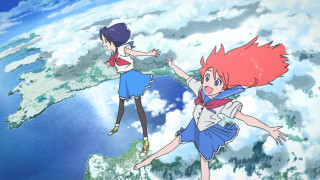 Anime girls flying above earth - behind them free wallpaper