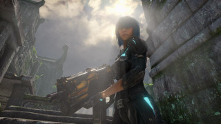 Woman holding gun futuristic setting - eve ryder free wallpaper