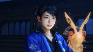 Woman blue kimono rabbit statue - ultra realistic face free wallpaper