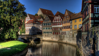 River city bridge buildings pagoda - window free wallpaper