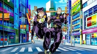 Anime characters running city street - building free wallpaper