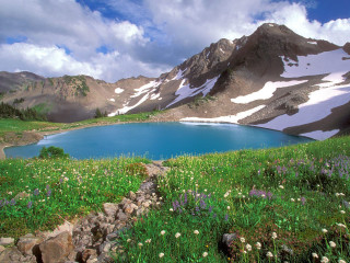 Mountain lake wildflowers rocks grass - a cloudy sky in the background free wallpaper