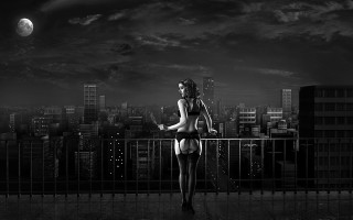 Woman bikini balcony city night - a balcony free wallpaper for desktop