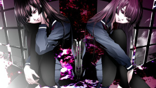 Anime girls window purple background - a couple of anime girls sitting next free wallpaper