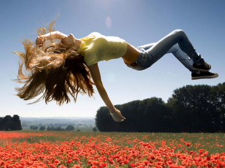 Woman flying field flowers blue - surreal photography free wallpaper for desktop