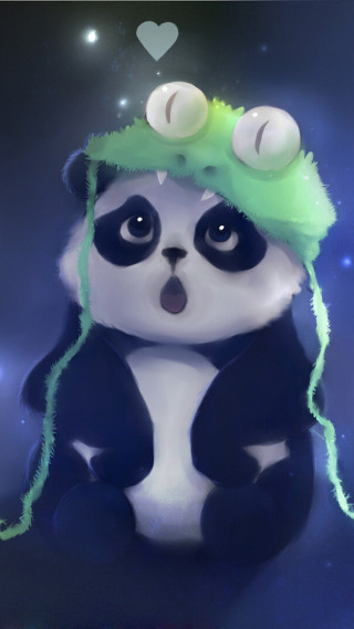 Panda green hat sitting heart - a panda bear free wallpaper for mobile